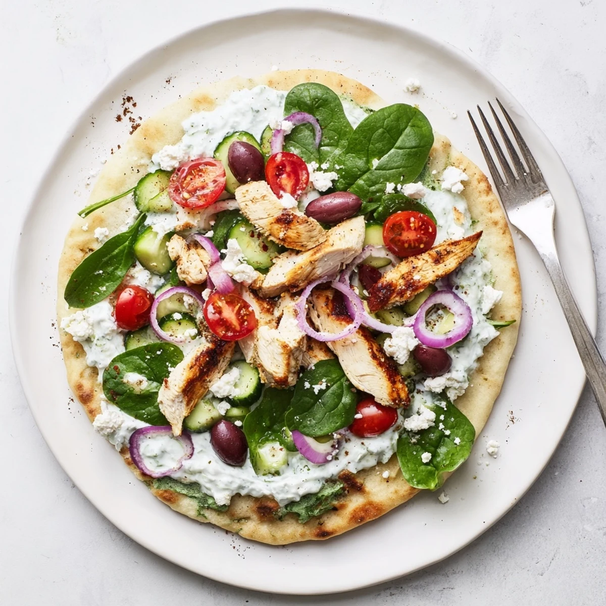 Homemade Greek chicken flatbread drizzled with cool tzatziki and scattered with cherry tomatoes