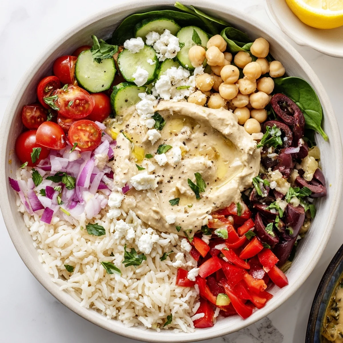 Vibrant Mediterranean rice bowl with fluffy rice, crisp vegetables, hummus, and zesty lemon-tahini dressing.