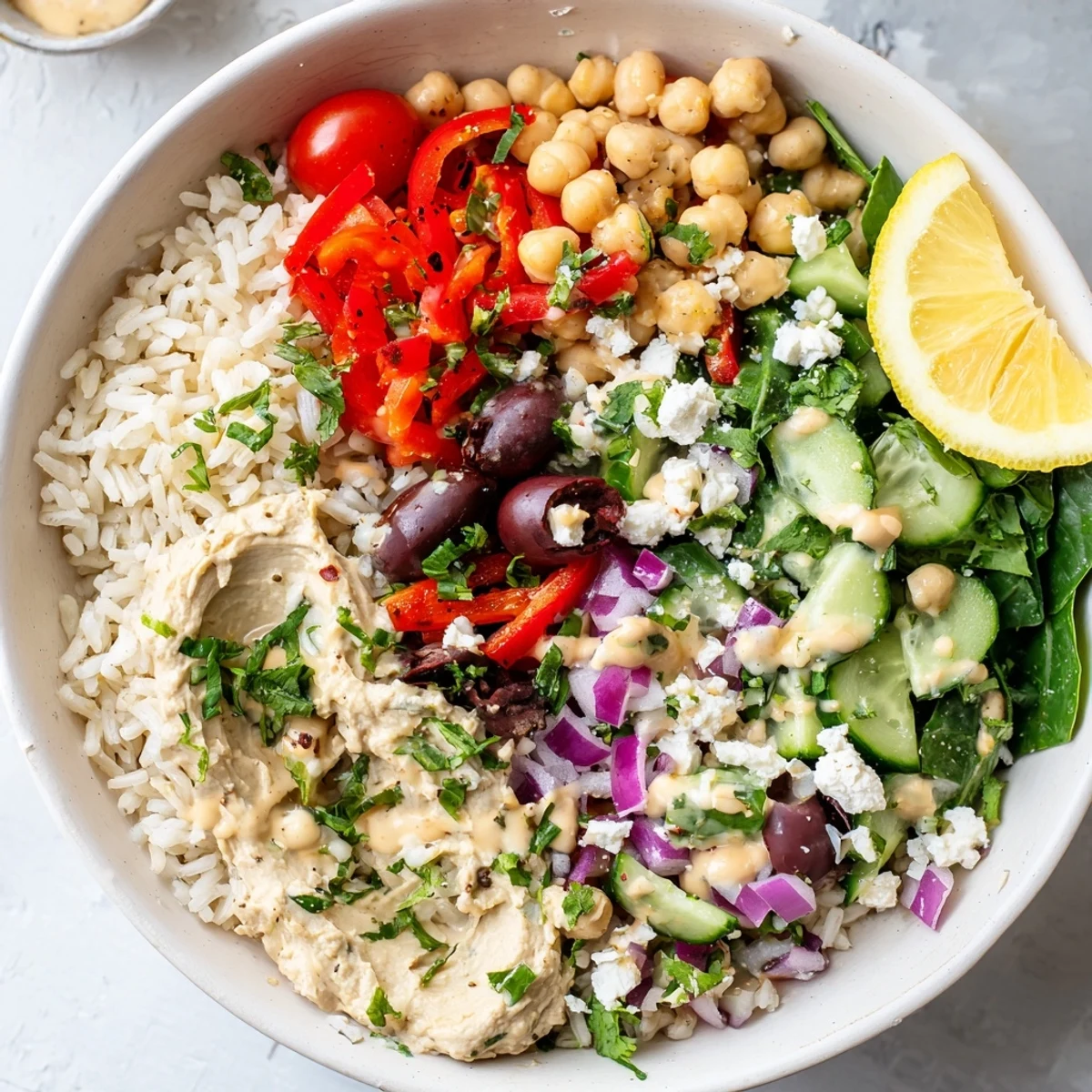 Savory Mediterranean rice bowl arranged with chopped vegetables, creamy hummus, and tangy tahini drizzle.