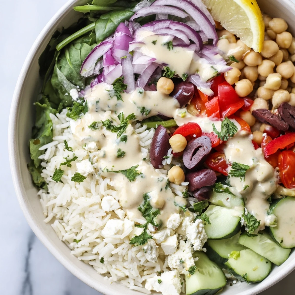 Colorful vegetarian Mediterranean rice bowl topped with feta, olives, chickpeas, and fresh parsley.