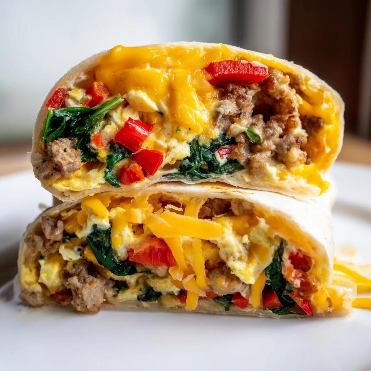 Flour tortillas rolled around scrambled eggs, peppers, onions, and cheese for these hearty make-ahead breakfast burritos