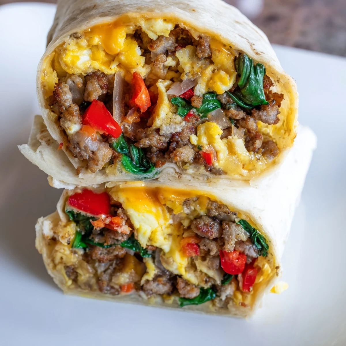 Golden make-ahead breakfast burritos wrapped in foil with fluffy eggs, melted cheddar, and savory sausage