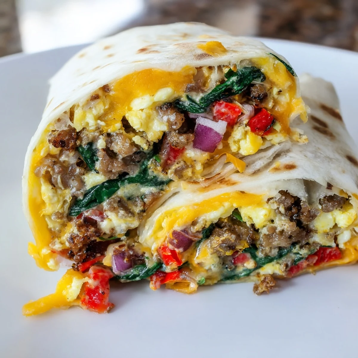 Plated make-ahead breakfast burritos filled with sausage, vegetables, and shredded cheddar, ready for busy morning meals