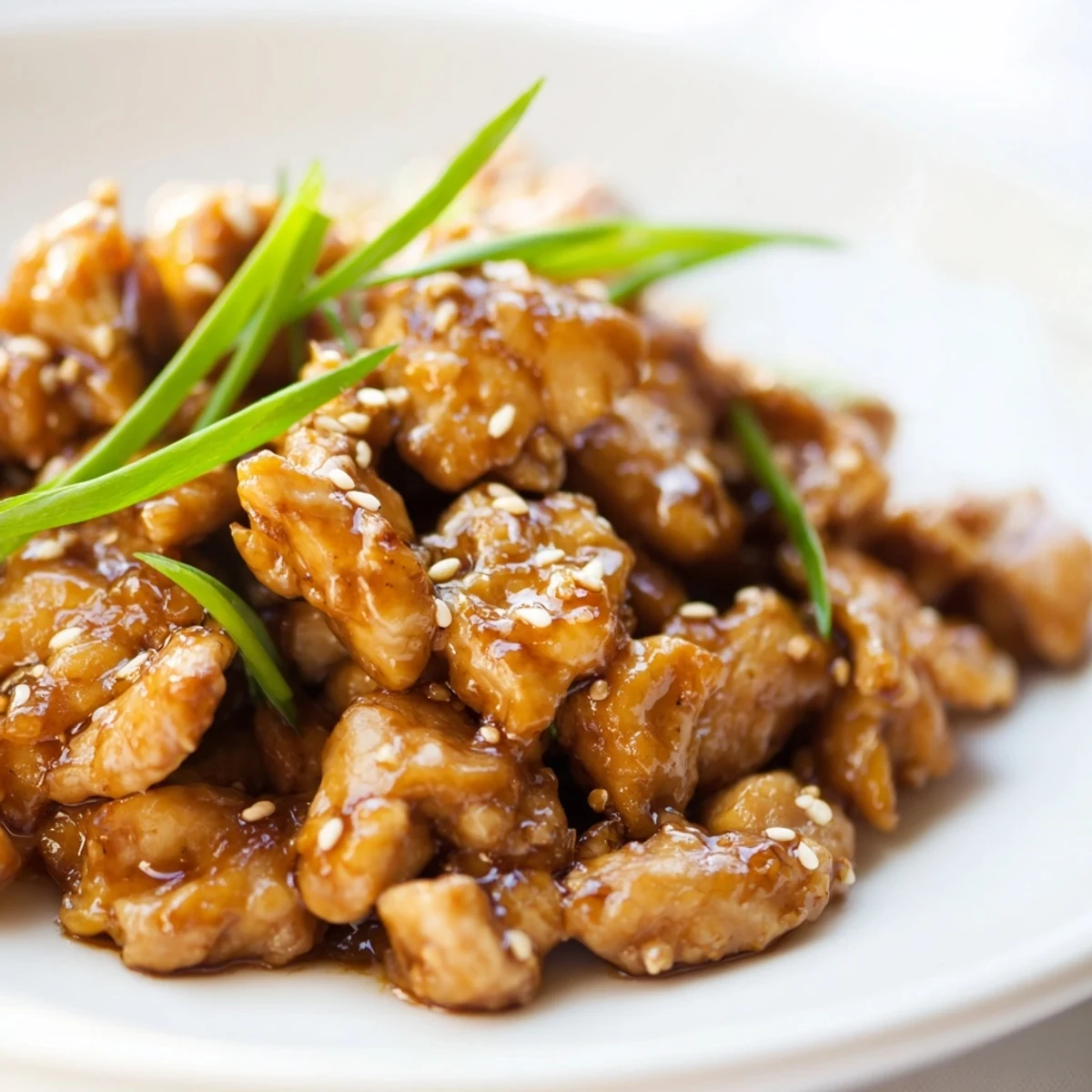 Golden brown Mongolian chicken pieces coated in glossy brown sugar soy sauce garnished with green onions