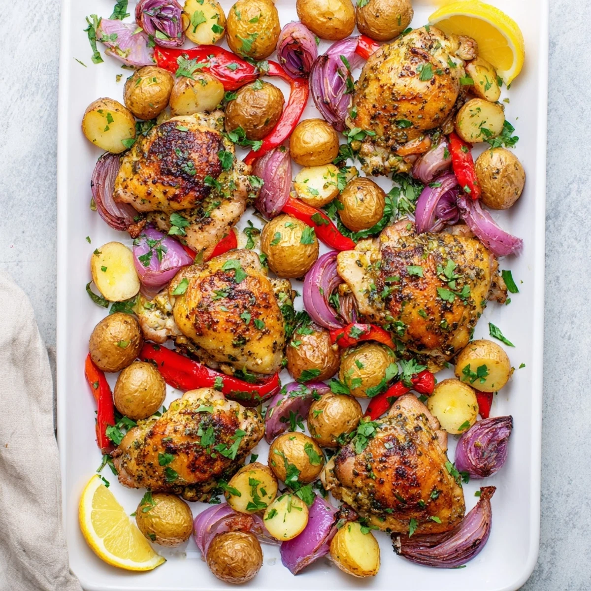 Golden roasted sheet pan chicken and potatoes with colorful vegetables fresh from the oven