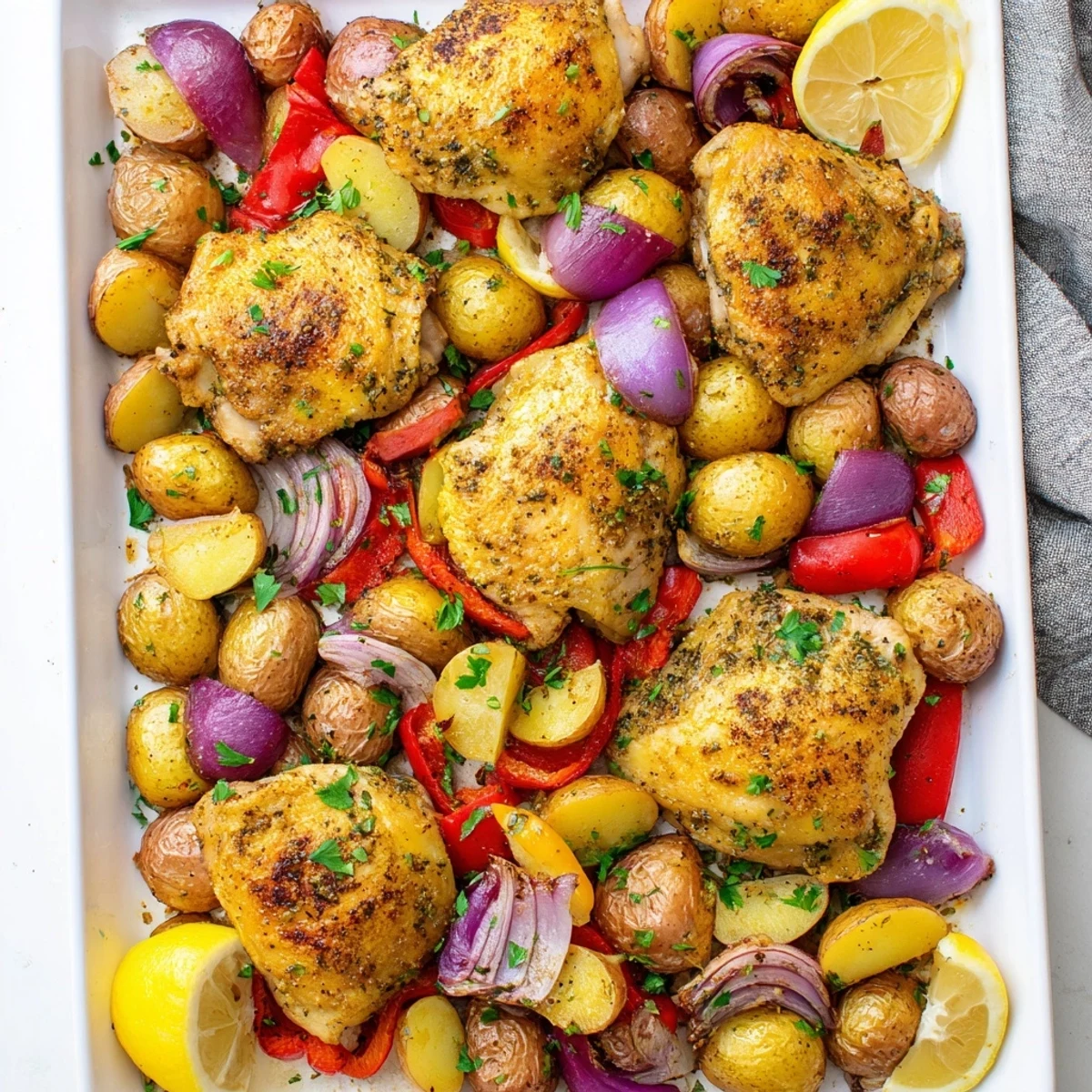 Crispy chicken thighs nestled among tender roasted potatoes and vibrant bell pepper strips