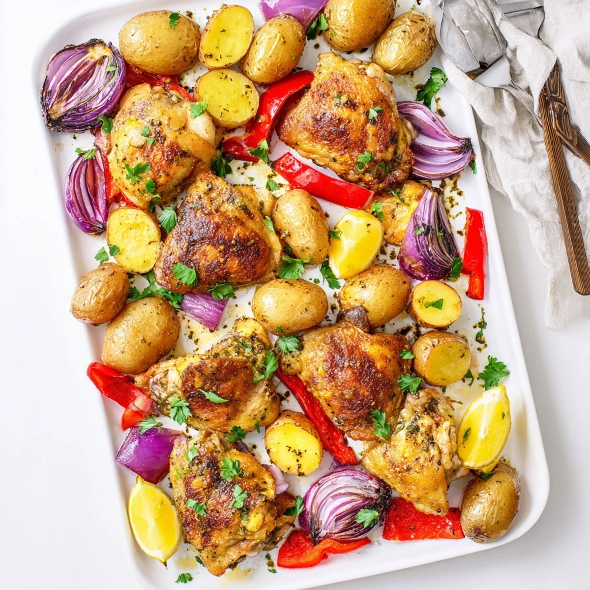 One-pan dinner featuring juicy seasoned chicken thighs with baby potatoes and red onion wedges