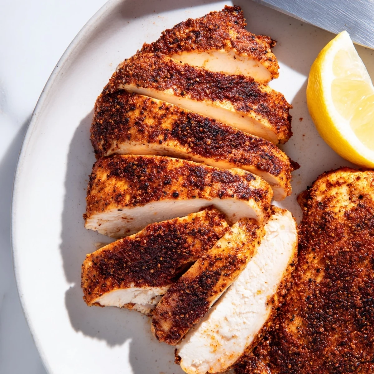 Sizzling cast iron skillet blackened chicken with charred Cajun seasoning and lemon