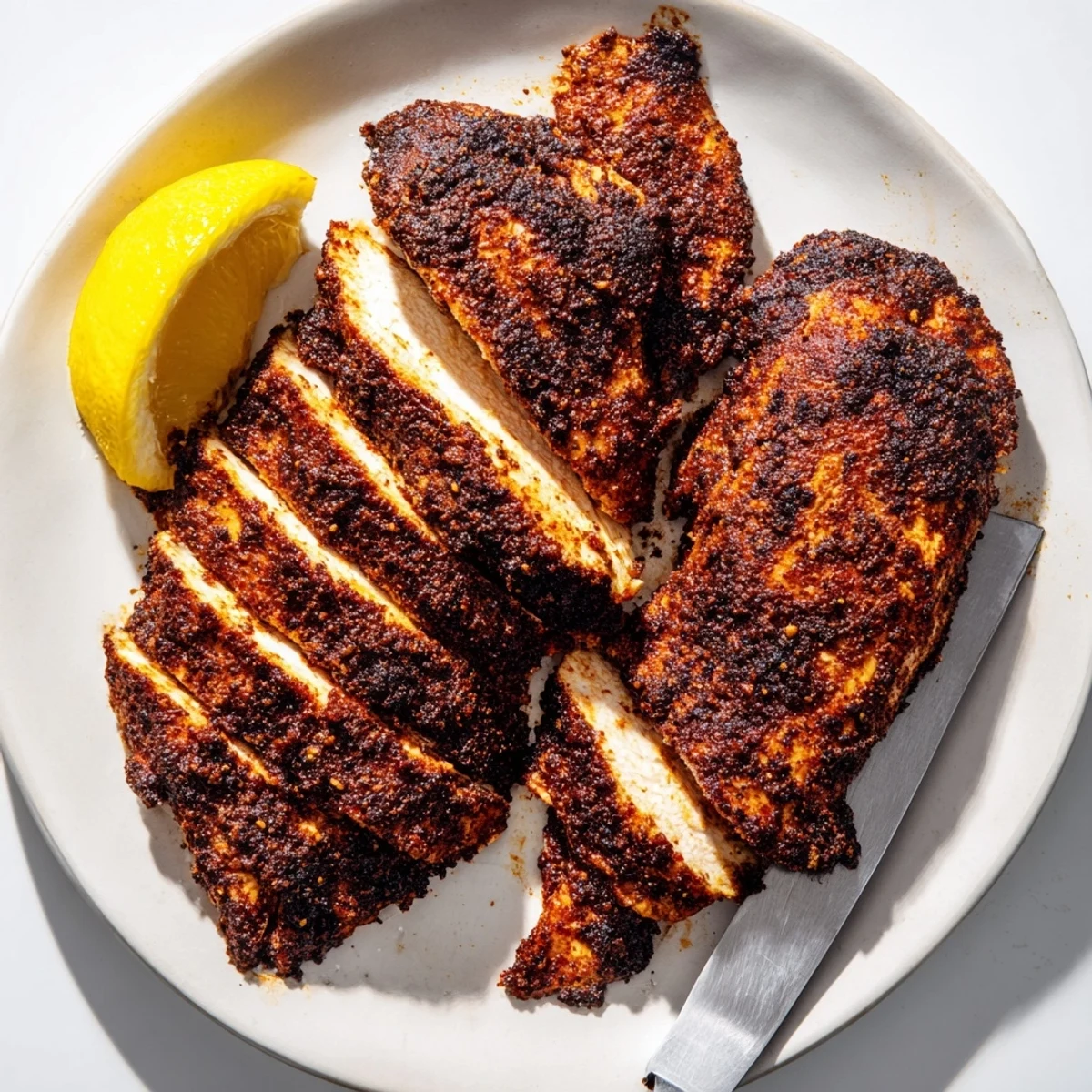 Golden brown blackened chicken breasts with dark spicy crust on white plate