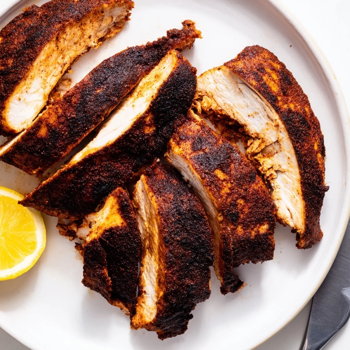 Juicy sliced blackened chicken revealing moist interior with smoky paprika spice coating