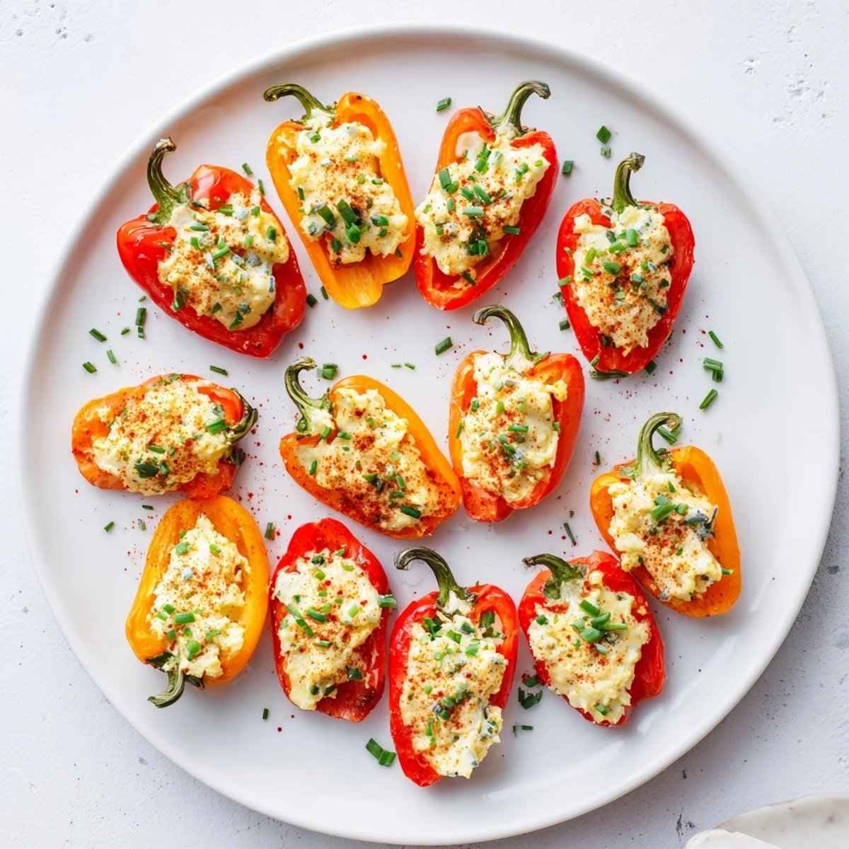 Golden air fryer cream cheese stuffed mini peppers arranged on a white serving platter with fresh parsley garnish