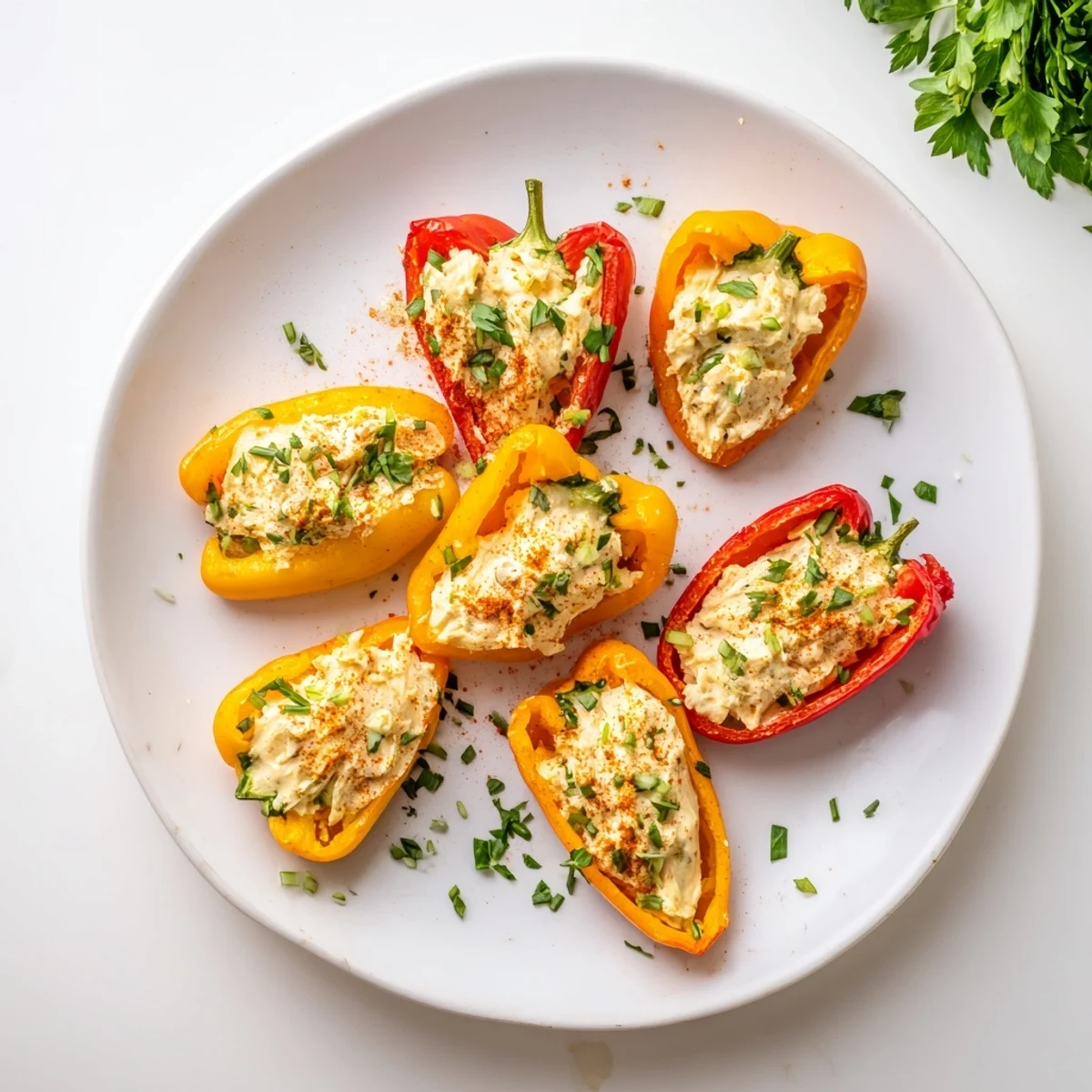 Halved sweet peppers overflowing with savory cream cheese filling after air frying, sprinkled with smoked paprika and chives