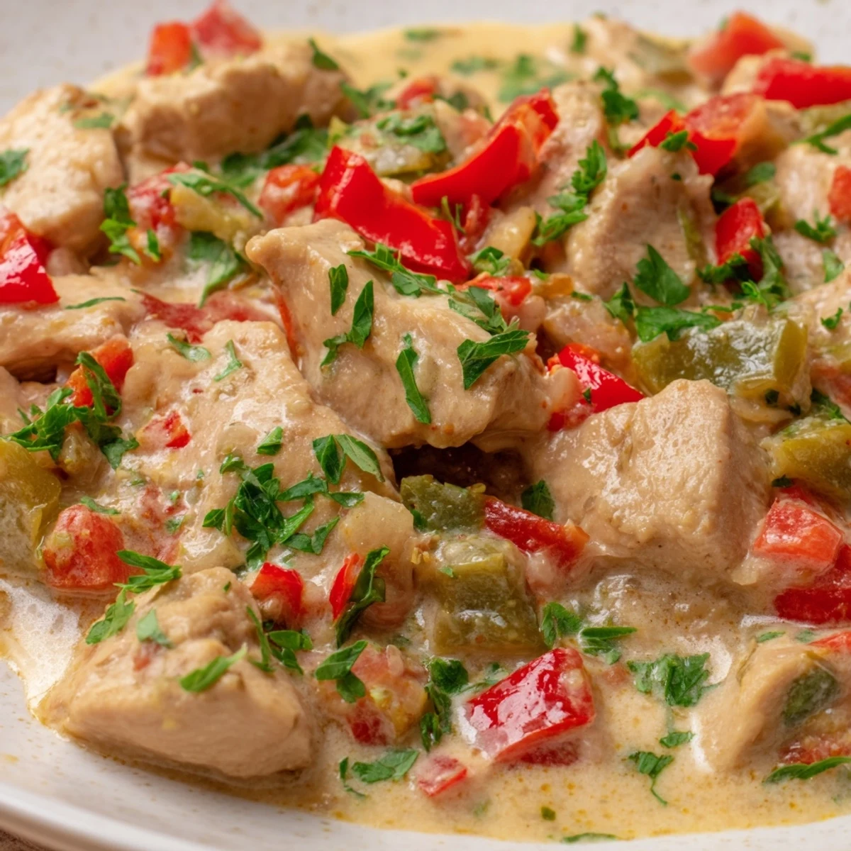 Golden chicken pieces swimming in rich coconut sauce with vibrant bell peppers