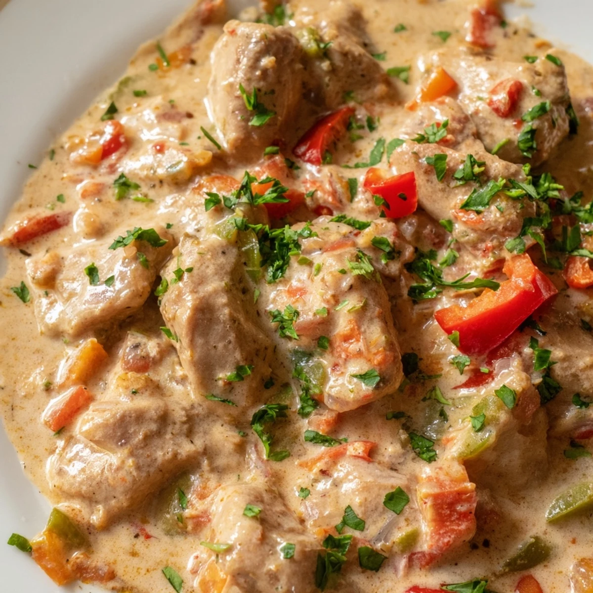 Savory chicken thighs simmered in aromatic coconut milk sauce with colorful vegetables