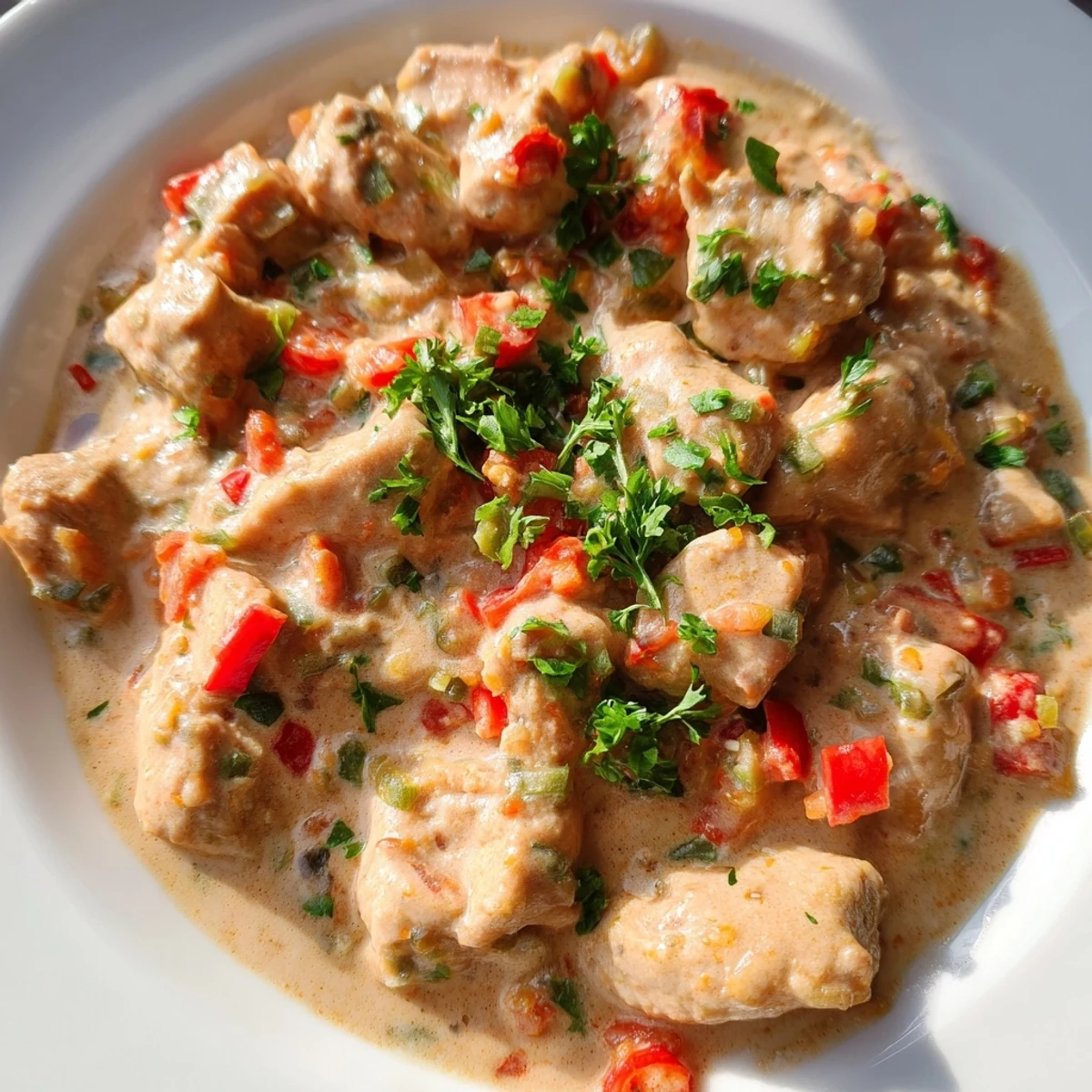 Creamy Spicy Brazilian Coconut Chicken garnished with fresh cilantro and lime wedges