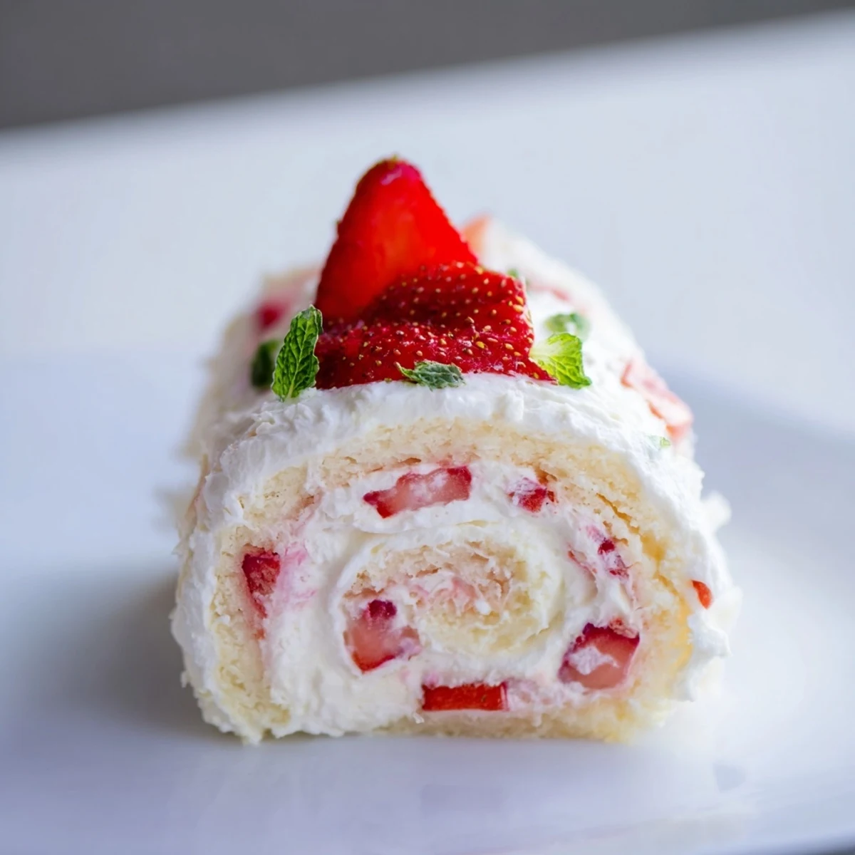 Playful strawberry shortcake sushi rolls featuring vanilla cake wrapped around fresh diced strawberries and fluffy whipped cream topping