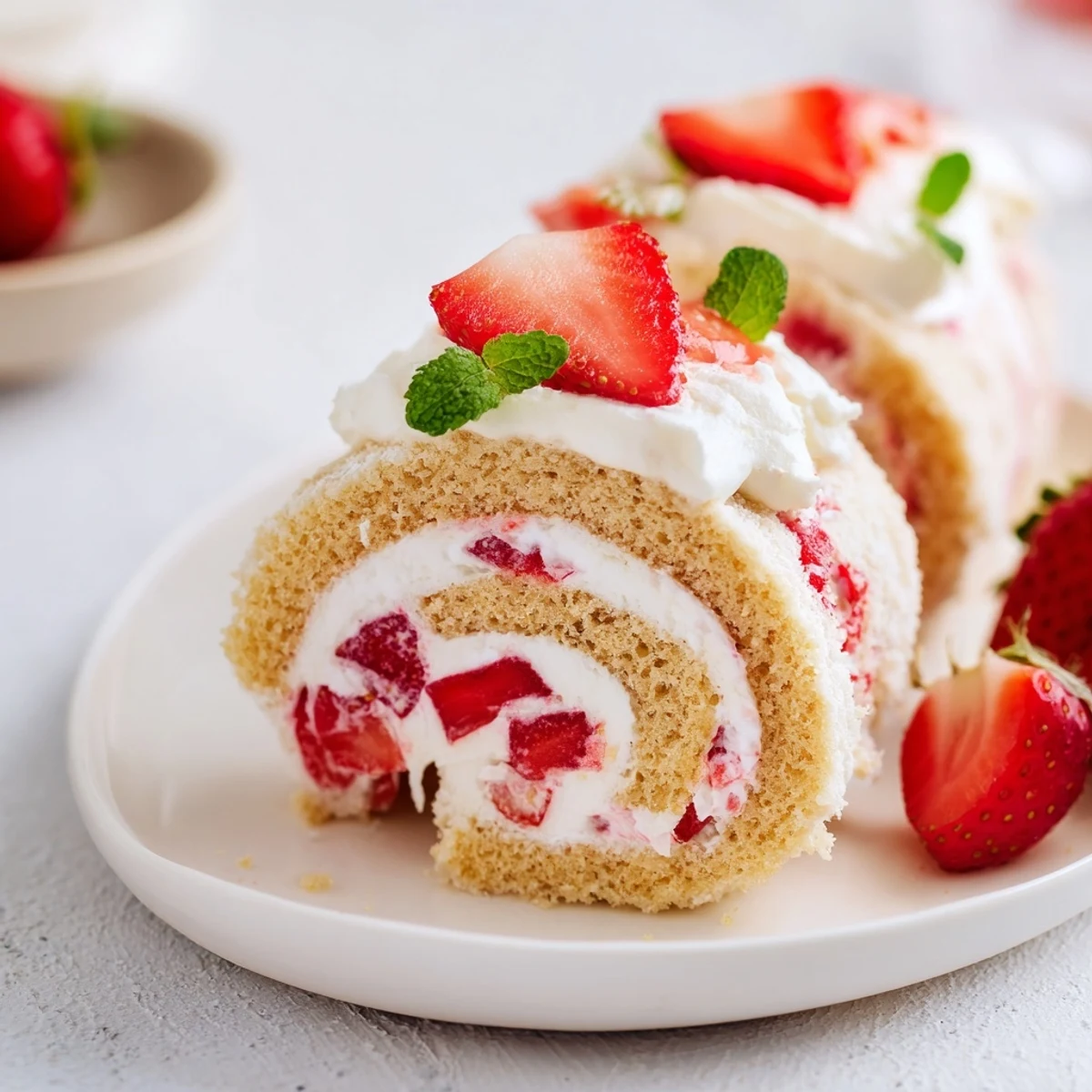 Dessert sushi with soft vanilla sponge cake spiraled around sweet strawberries and cream garnished with fresh strawberry slices