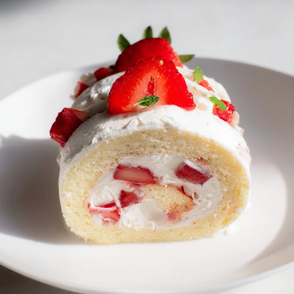 Fusion strawberry shortcake sushi displaying rolled cake filled with whipped cream and berries topped with mint garnish