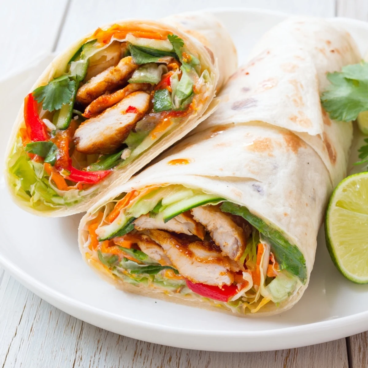 Golden sweet chili chicken wraps filled with crisp vegetables and tangy sauce in soft flour tortillas