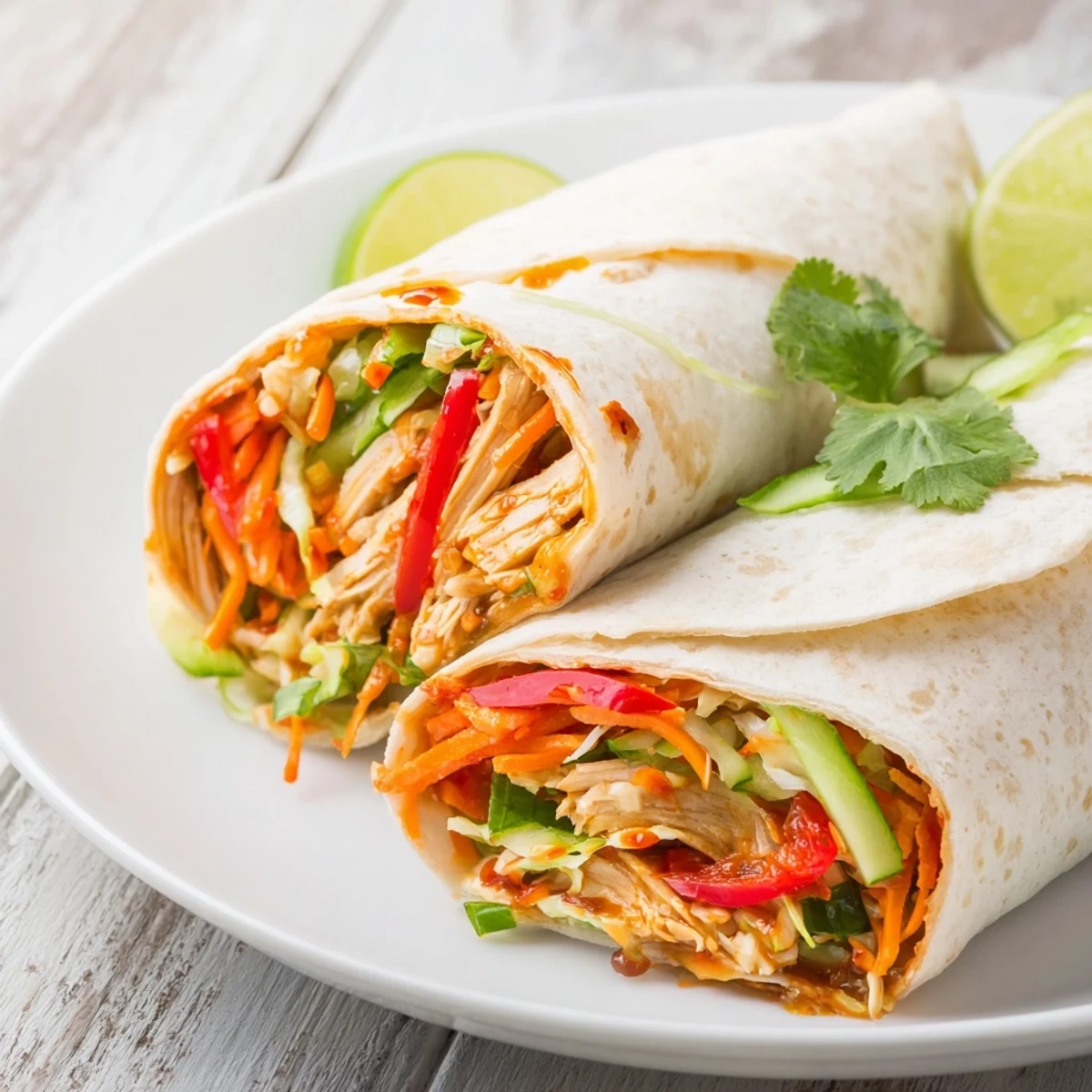 Homemade sweet chili chicken wraps featuring tender marinated strips and crunchy garden vegetables ready to serve