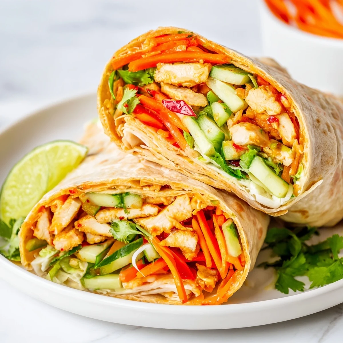 Fresh Asian-inspired sweet chili chicken wraps with colorful julienned veggies wrapped in warm pliable tortillas