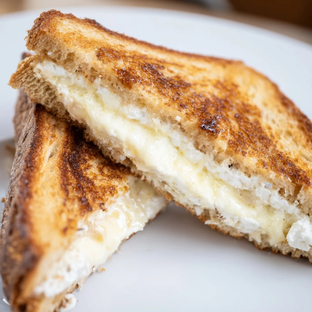 Gourmet goat cheese and honey grilled cheese served on a wooden board with fresh thyme garnish