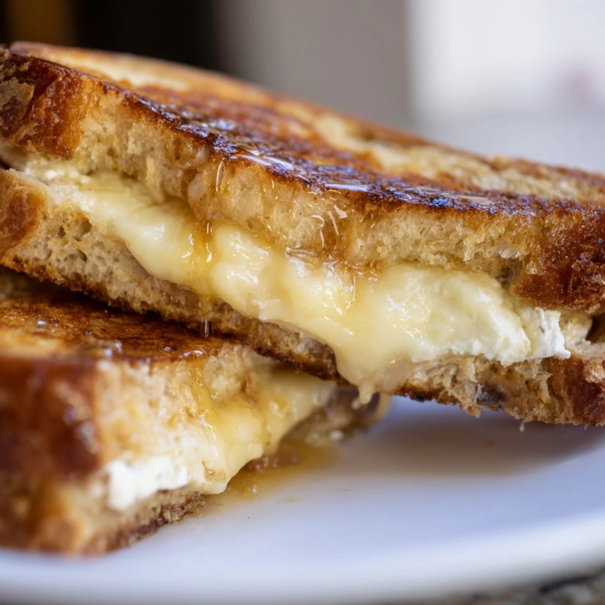 Golden brown goat cheese and honey grilled cheese sandwich with melted cheese oozing from crispy sourdough bread slices