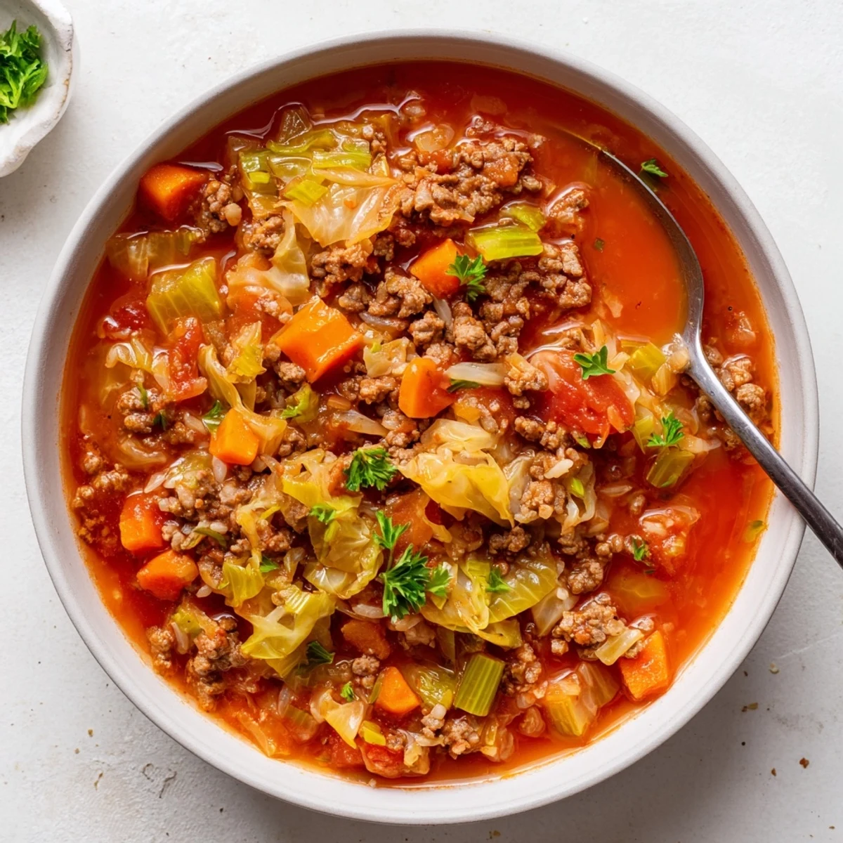 Steamy bowl of unstuffed cabbage roll soup filled with tender beef, cabbage, and rice in rich tomato broth