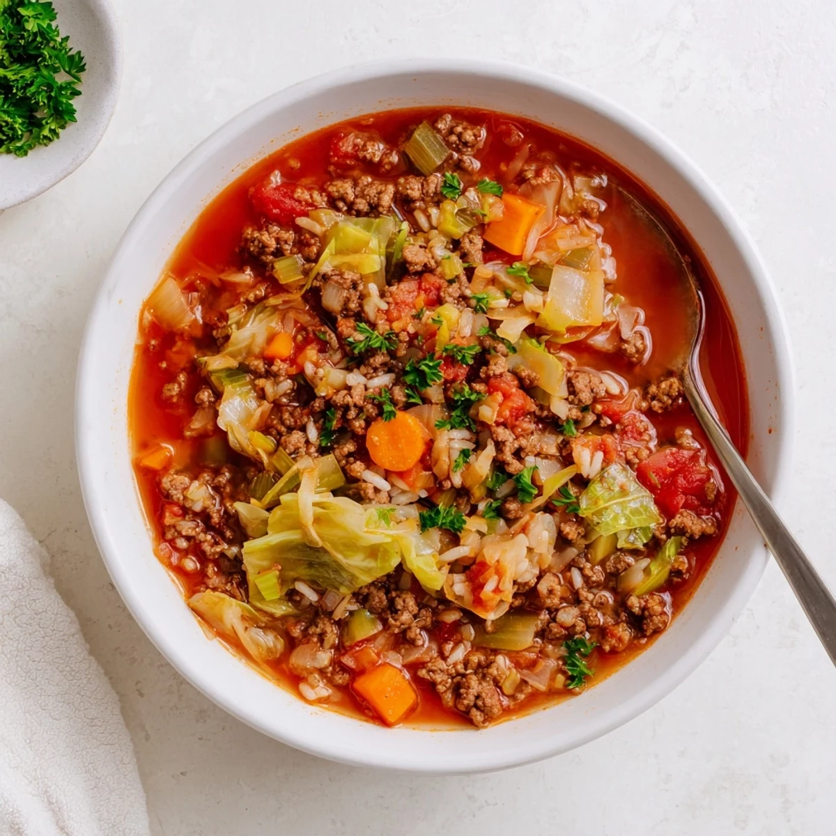 Hearty unstuffed cabbage roll soup featuring ground beef, vegetables, and fluffy rice swimming in savory tomato base