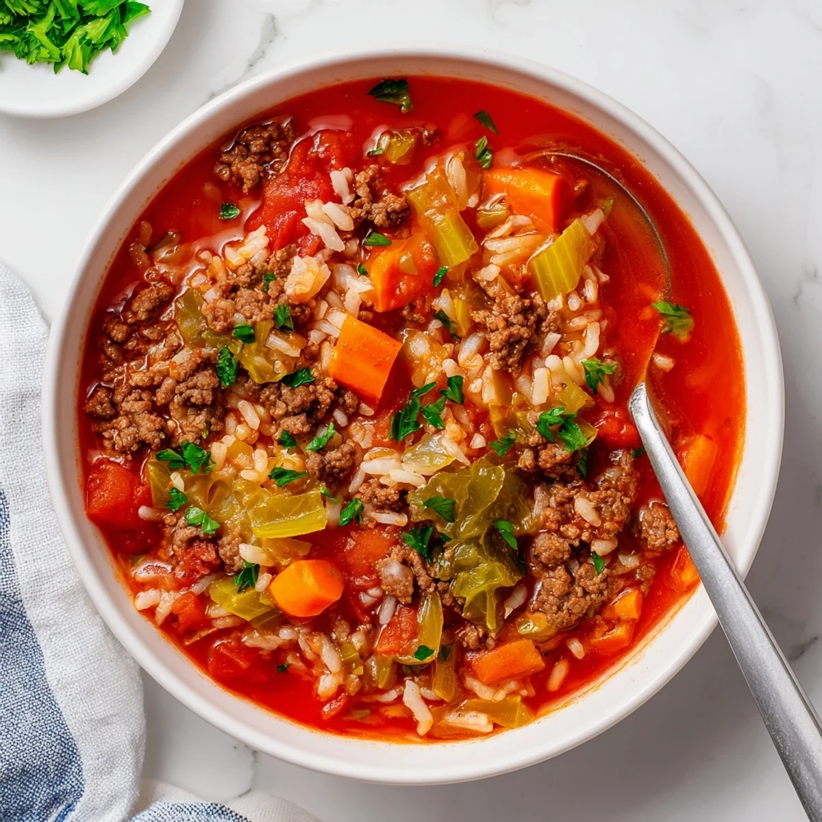 Golden unstuffed cabbage roll soup topped with fresh parsley, showcasing chunks of cabbage, beef, and rice in red broth