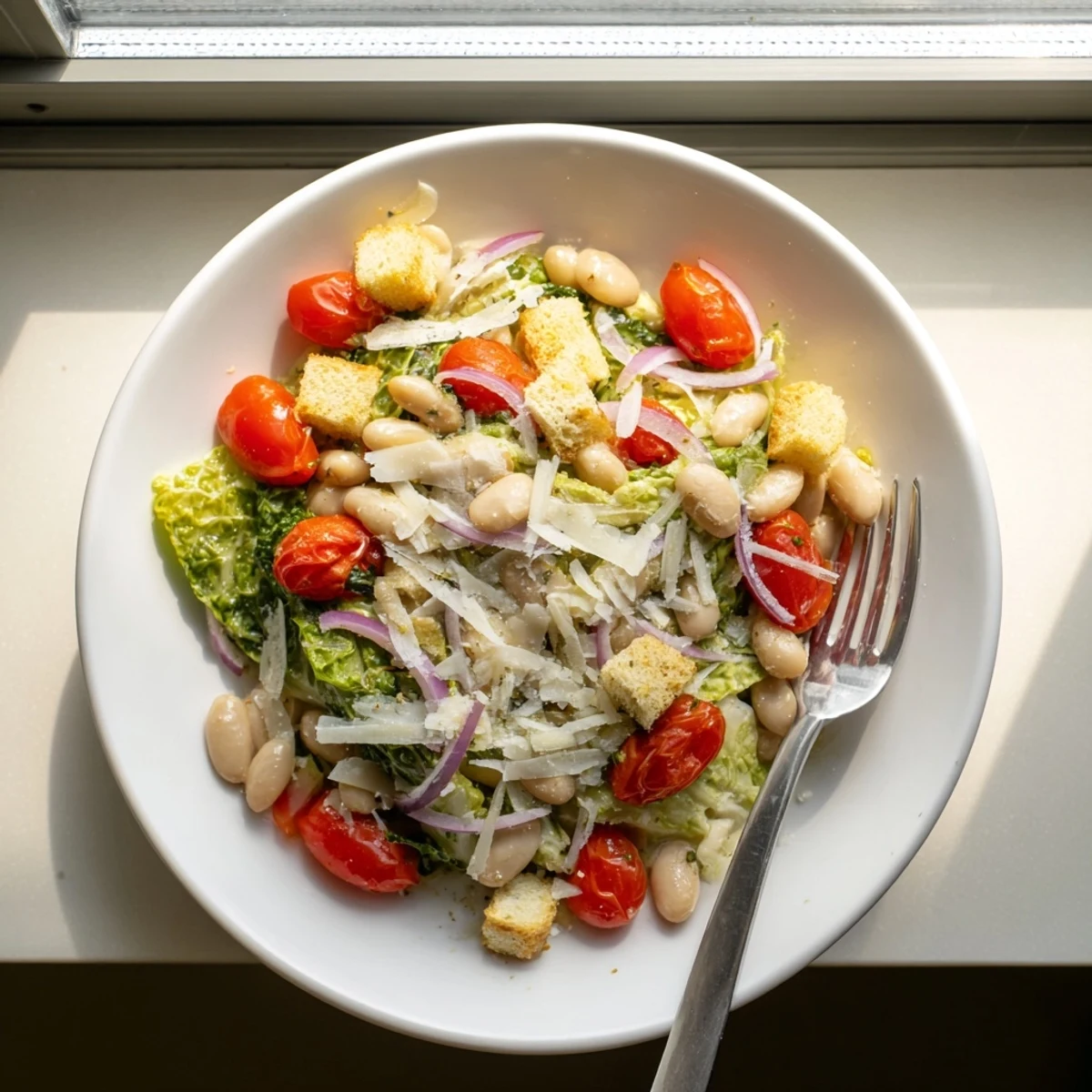 Creamy butter bean Caesar salad tossed with crisp romaine lettuce, croutons, and Parmesan cheese shavings