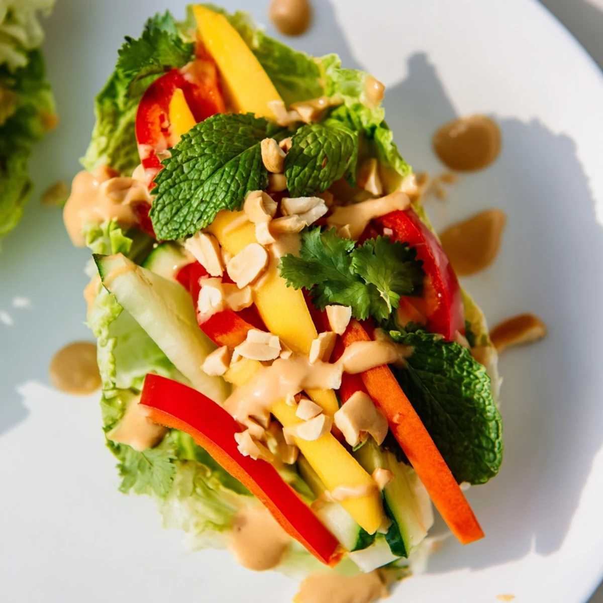 Fresh Thai mango cabbage wraps filled with crunchy vegetables and drizzled with creamy peanut sauce