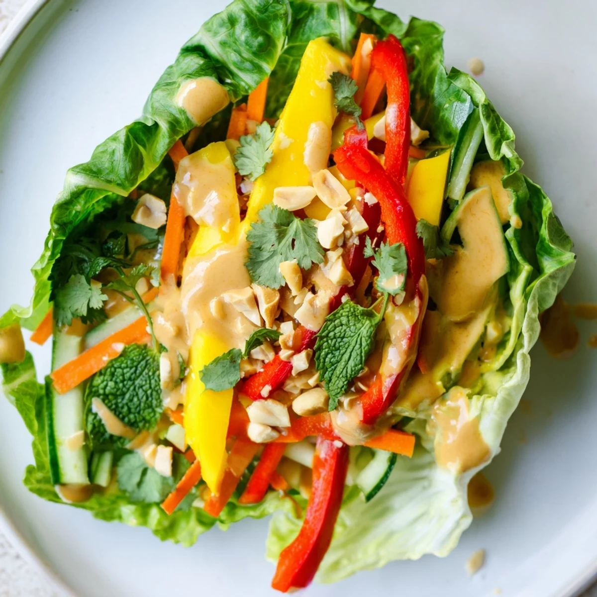 Colorful Thai mango cabbage wraps featuring ripe mango strips, julienned carrots, and tangy peanut dressing