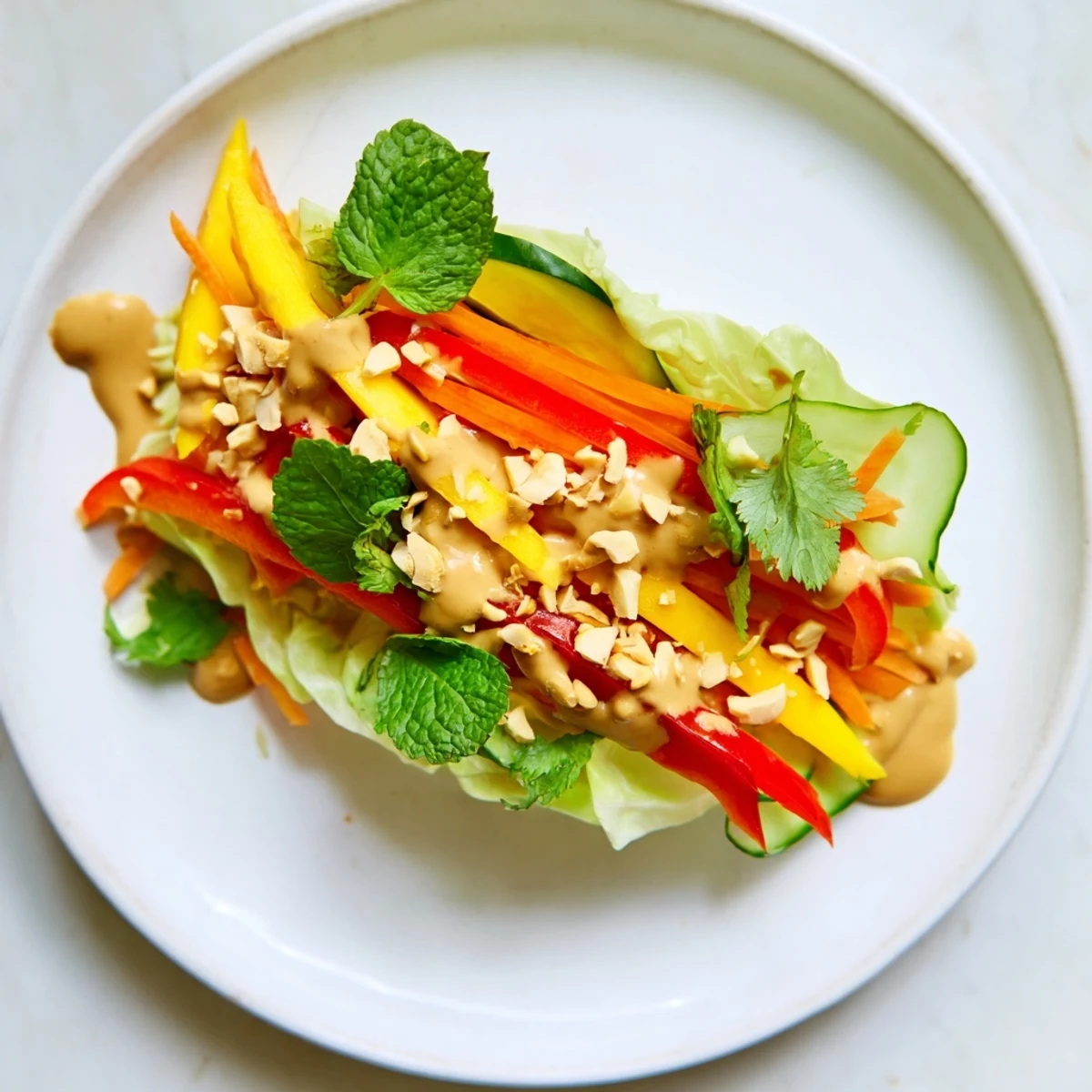 Handheld Thai mango cabbage wraps rolled with crisp peppers, cucumber, and aromatic herbs under rich sauce