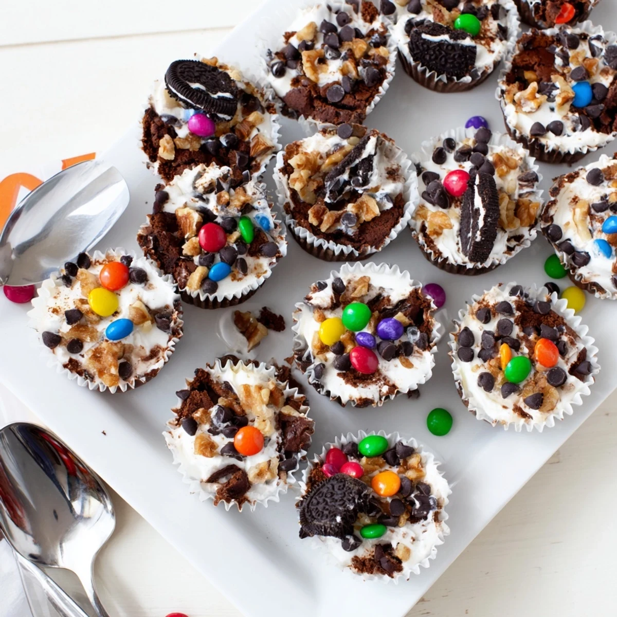 Chocolate loaded brownie cheesecake cups in muffin tin with festive candy and nut toppings