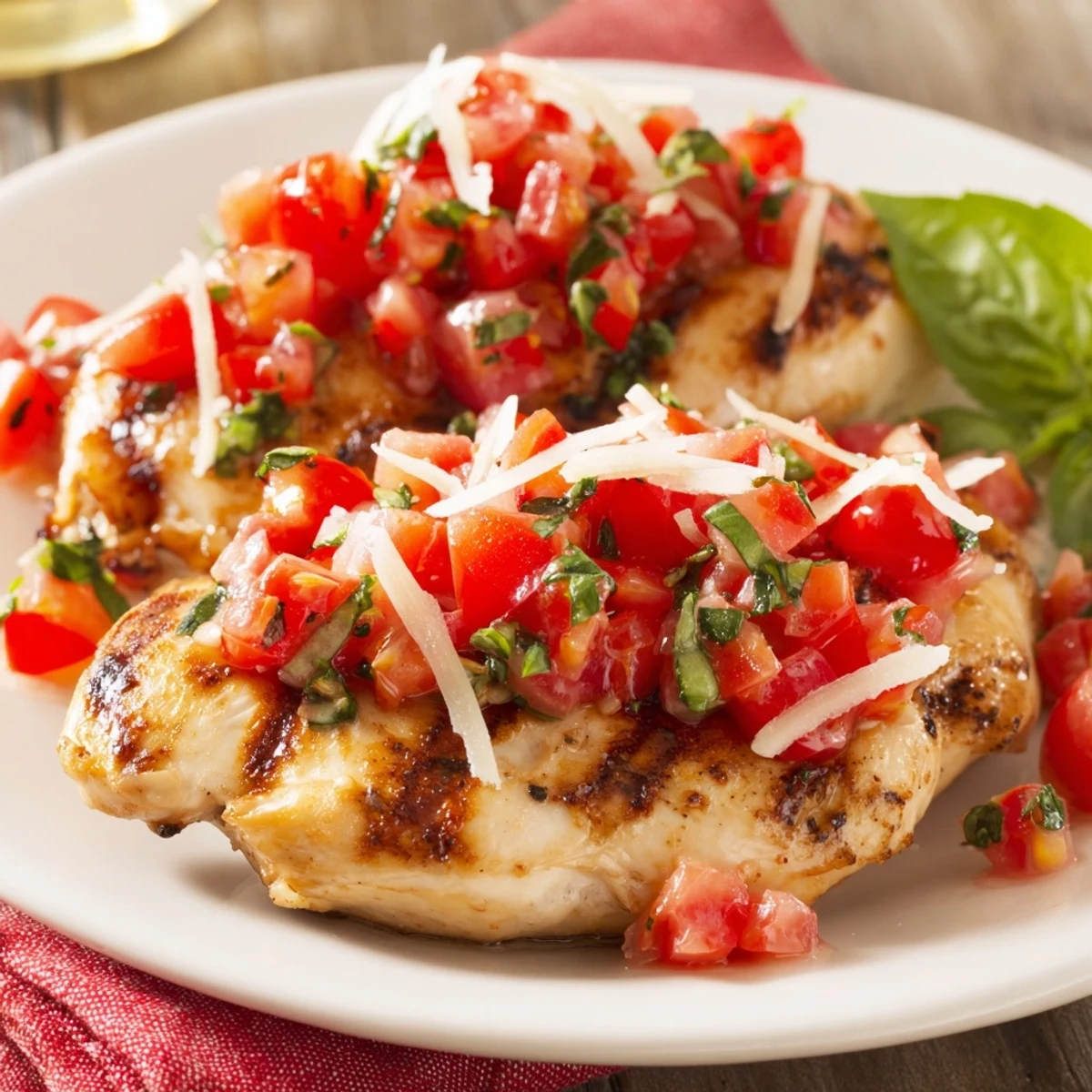 Savory bruschetta chicken featuring juicy grilled meat topped with vibrant tomato basil mixture and parmesan