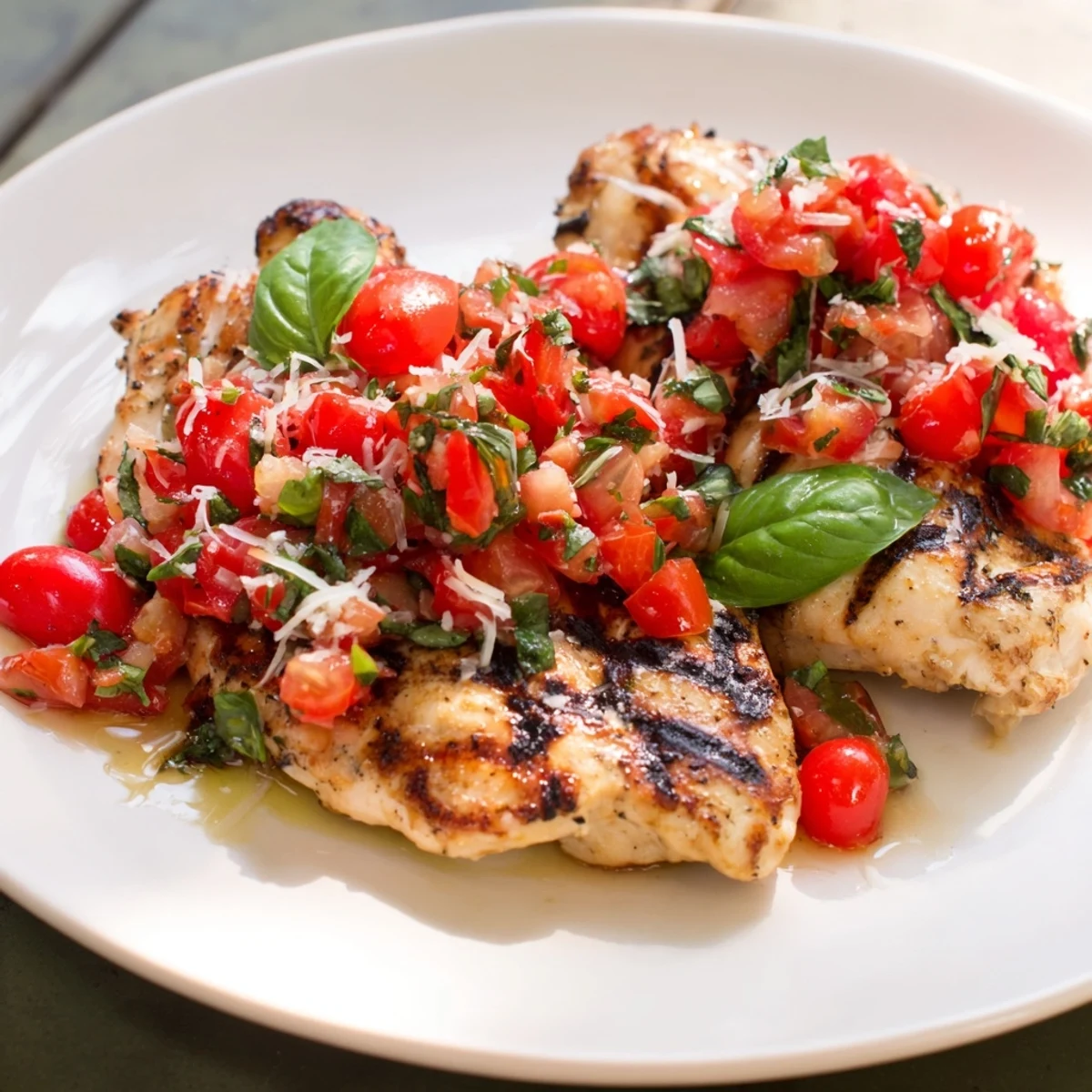 Golden grilled chicken breast crowned with colorful diced tomatoes and fresh basil bruschetta topping