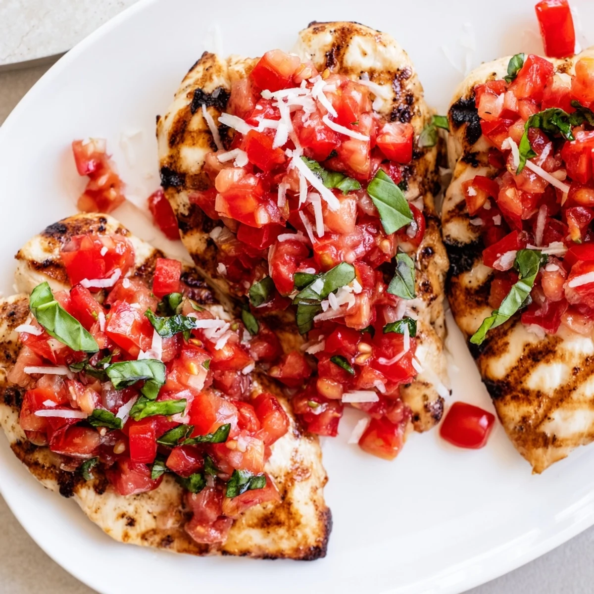 Italian-style bruschetta chicken served with cherry tomato topping and garnished with fresh basil leaves