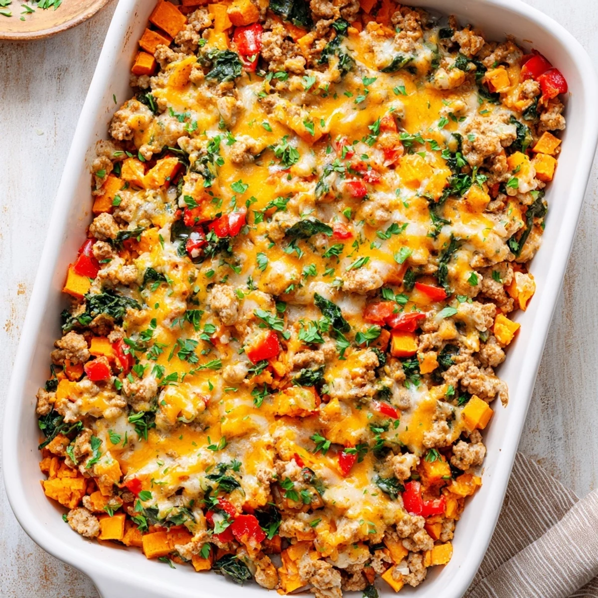 Golden brown ground turkey sweet potato bake fresh from the oven with melted cheddar cheese topping