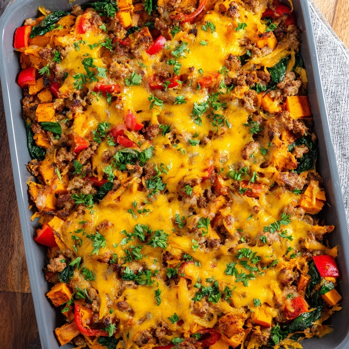 Hearty casserole dish featuring seasoned ground turkey and tender sweet potato cubes in a baking pan