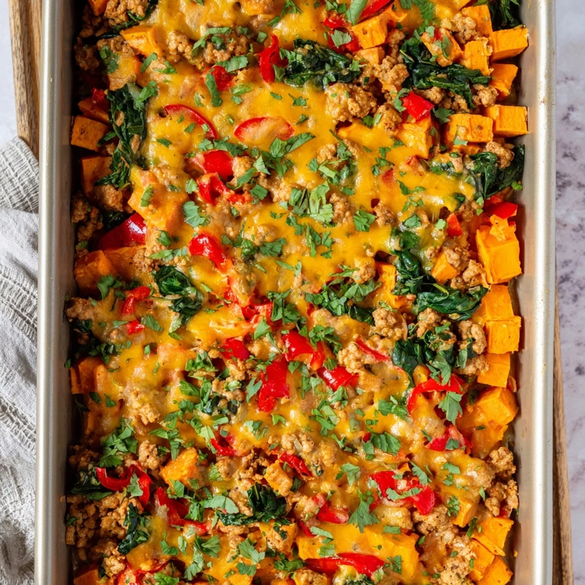 Savory ground turkey sweet potato bake garnished with fresh parsley and bubbling cheese on a rustic wooden table