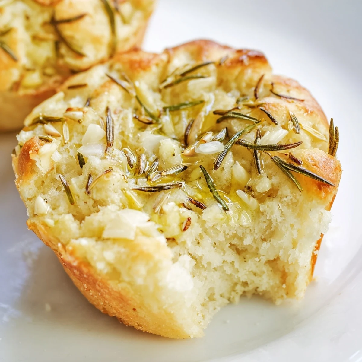 Golden garlic rosemary focaccia muffins sprinkled with flaky sea salt on a wooden board