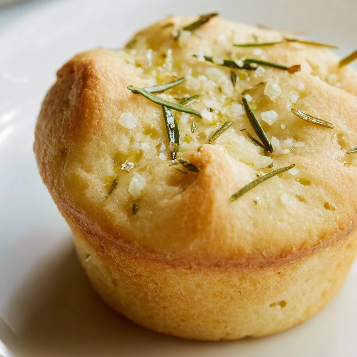 Freshly baked rosemary garlic focaccia muffins drizzled with olive oil and flecked with green herbs