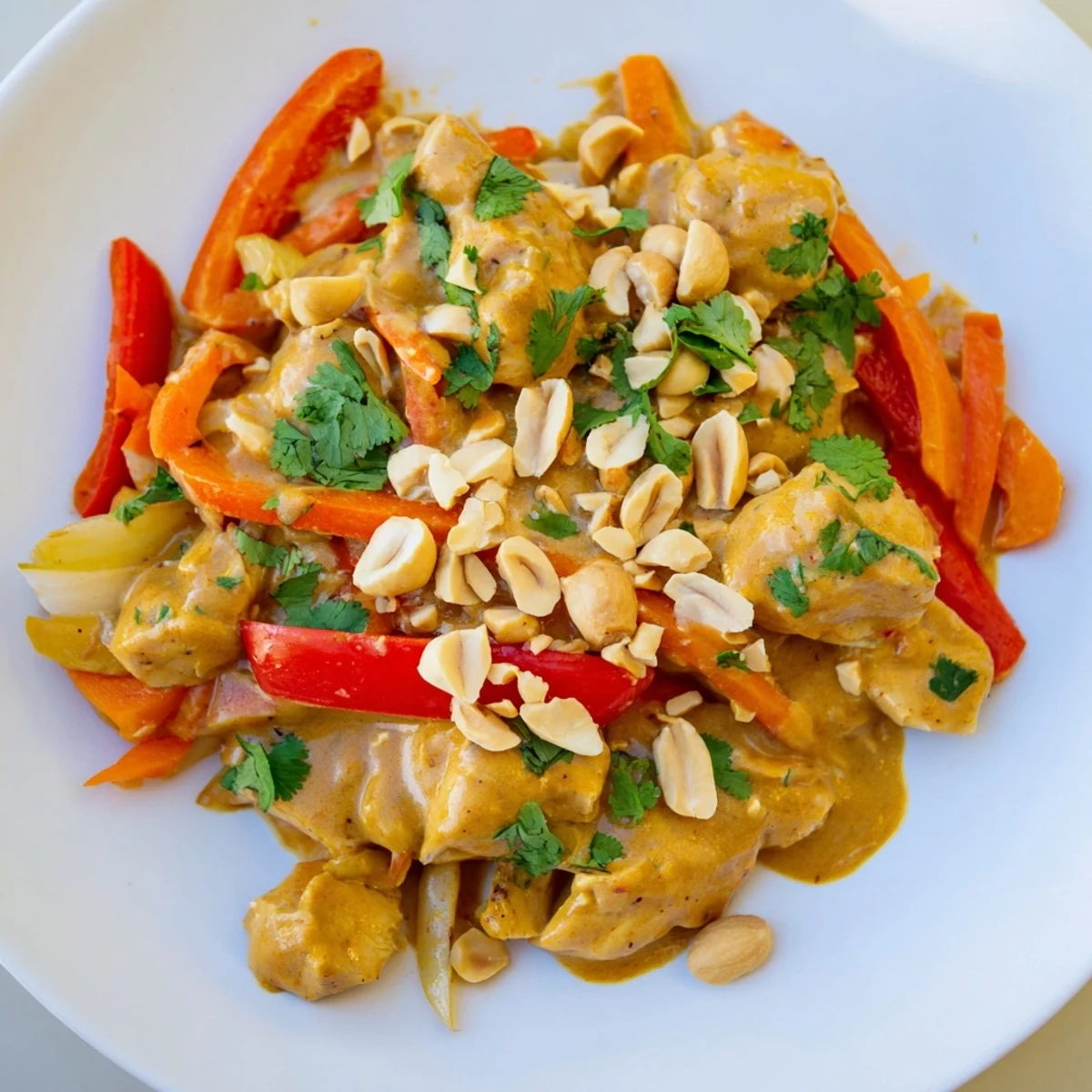 Slow cooker peanut chicken featuring tender shredded thighs coated in rich creamy peanut sauce