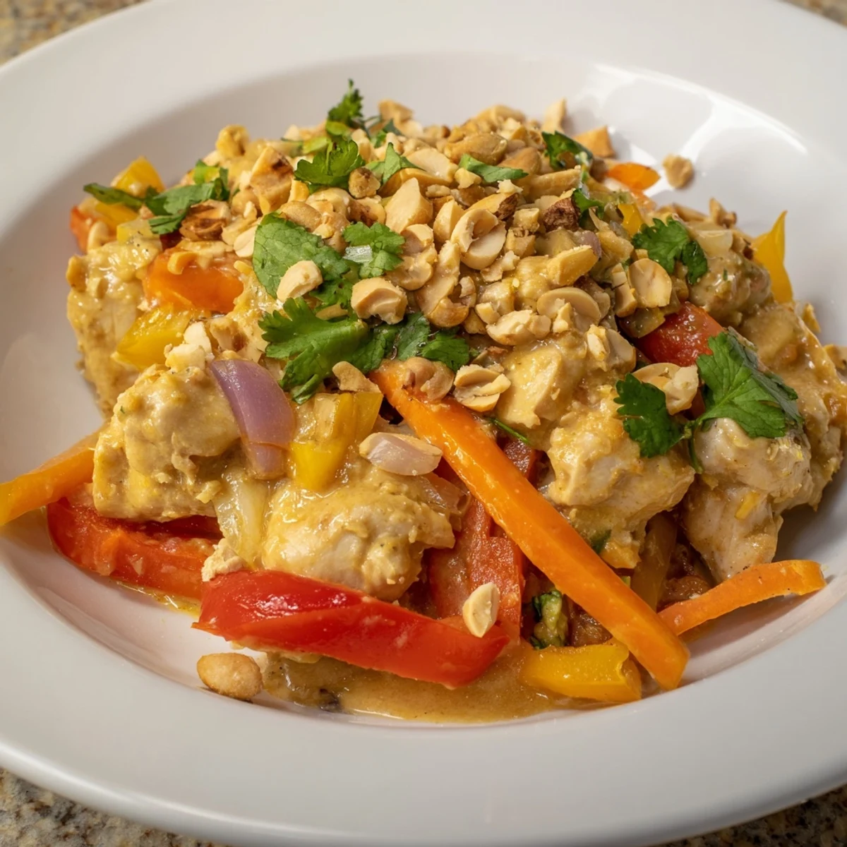 Vibrant slow cooker peanut chicken served over fluffy jasmine rice with fresh cilantro garnish