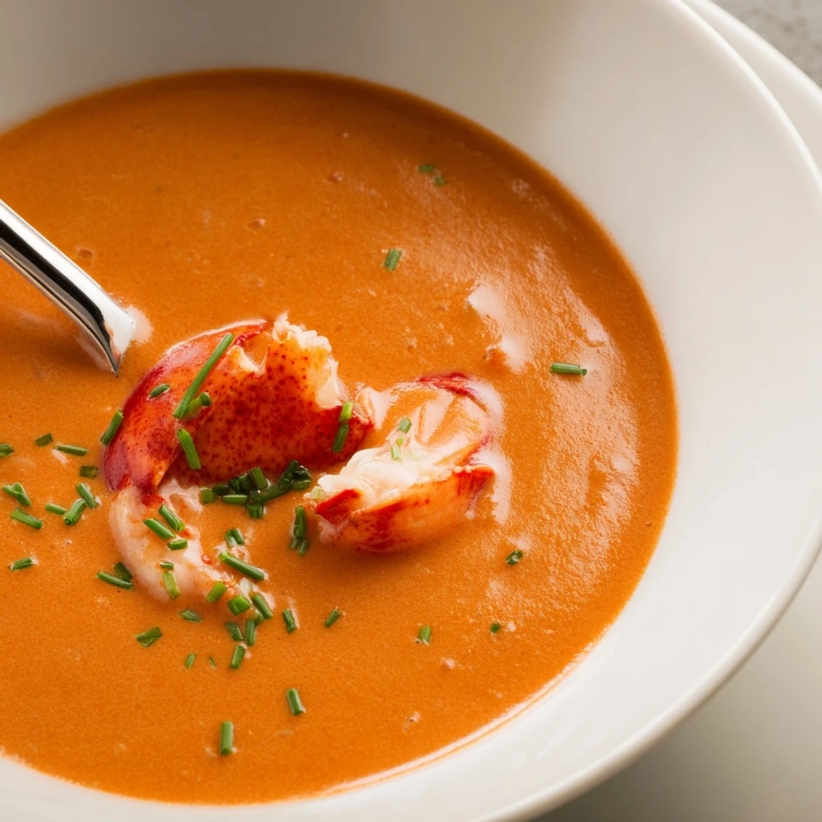 Creamy lobster bisque in white bowl garnished with fresh chives and tender lobster pieces