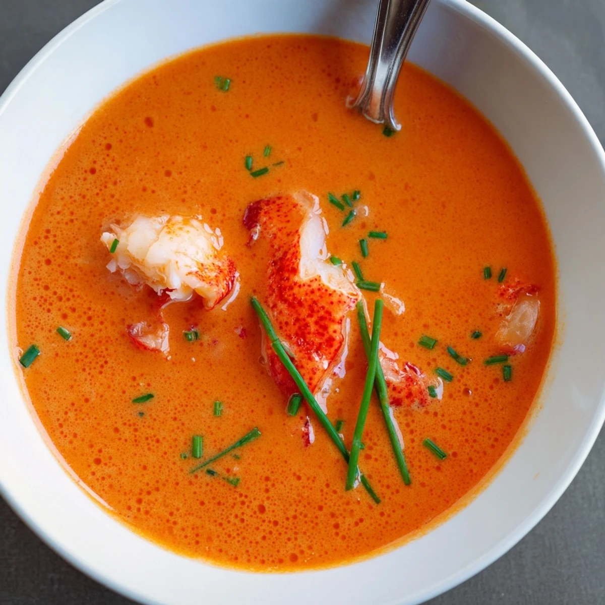 Golden restaurant-style lobster bisque soup with chunks of lobster meat and chopped green onions