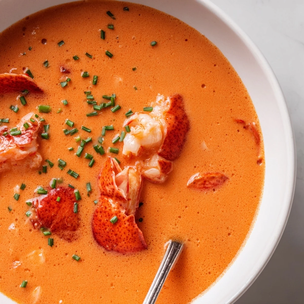 Rich and velvety lobster bisque served in bowl with brandy-infused cream and lobster tail