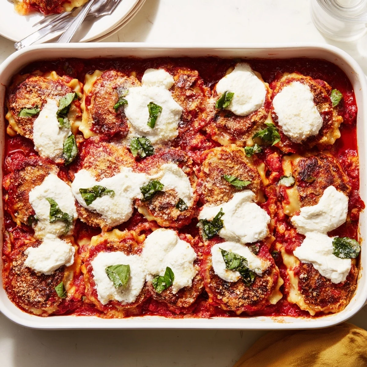 Golden brown dumpling lasagna with bubbling mozzarella and fresh basil garnish on a white plate