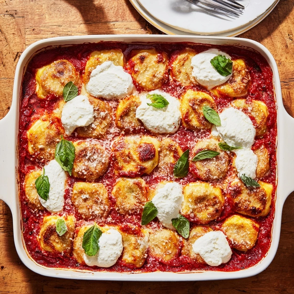 Layered dumpling lasagna casserole featuring juicy dumplings submerged in rich red tomato sauce and melted cheese